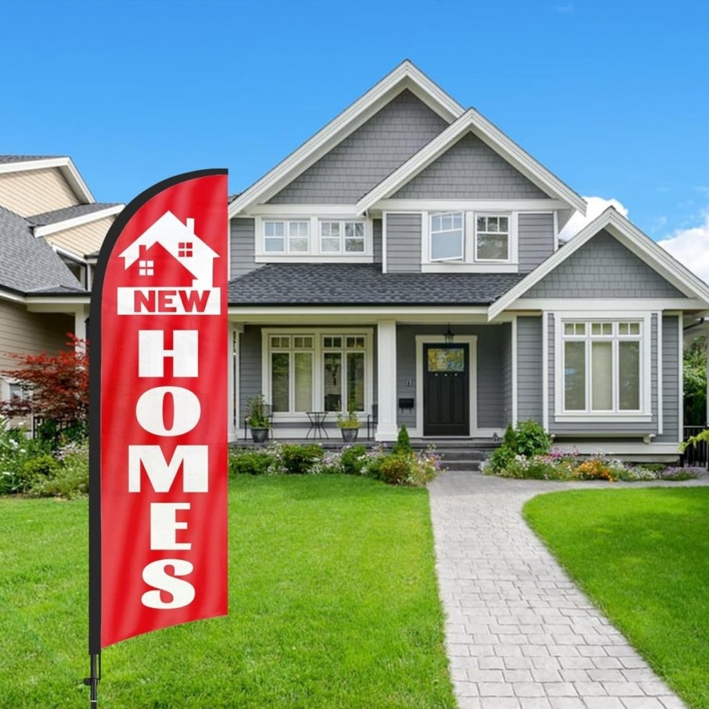 New Home Sign - 8FT Red New Homes Feather Flag With Flag Pole and Ground Stake - FSFlag