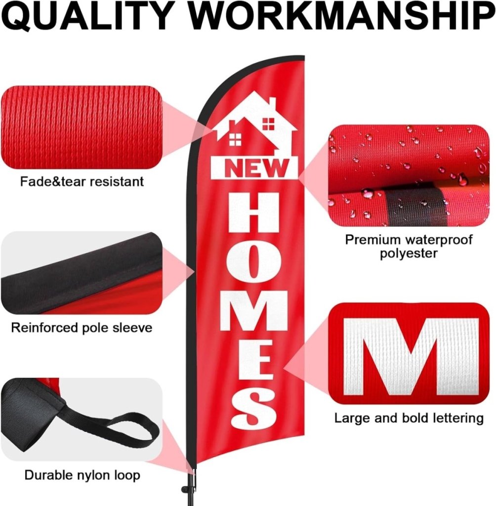 New Home Sign - 8FT Red New Homes Feather Flag With Flag Pole and Ground Stake - FSFlag