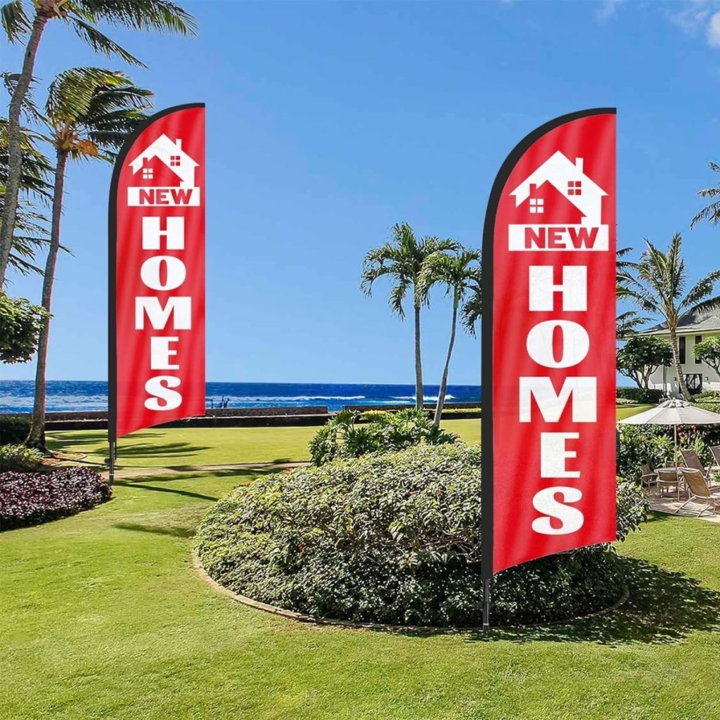 New Home Sign - 8FT Red New Homes Feather Flag With Flag Pole and Ground Stake - FSFlag