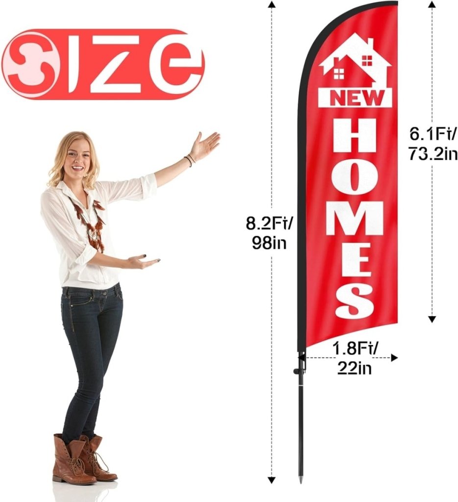 New Home Sign - 8FT Red New Homes Feather Flag With Flag Pole and Ground Stake - FSFlag