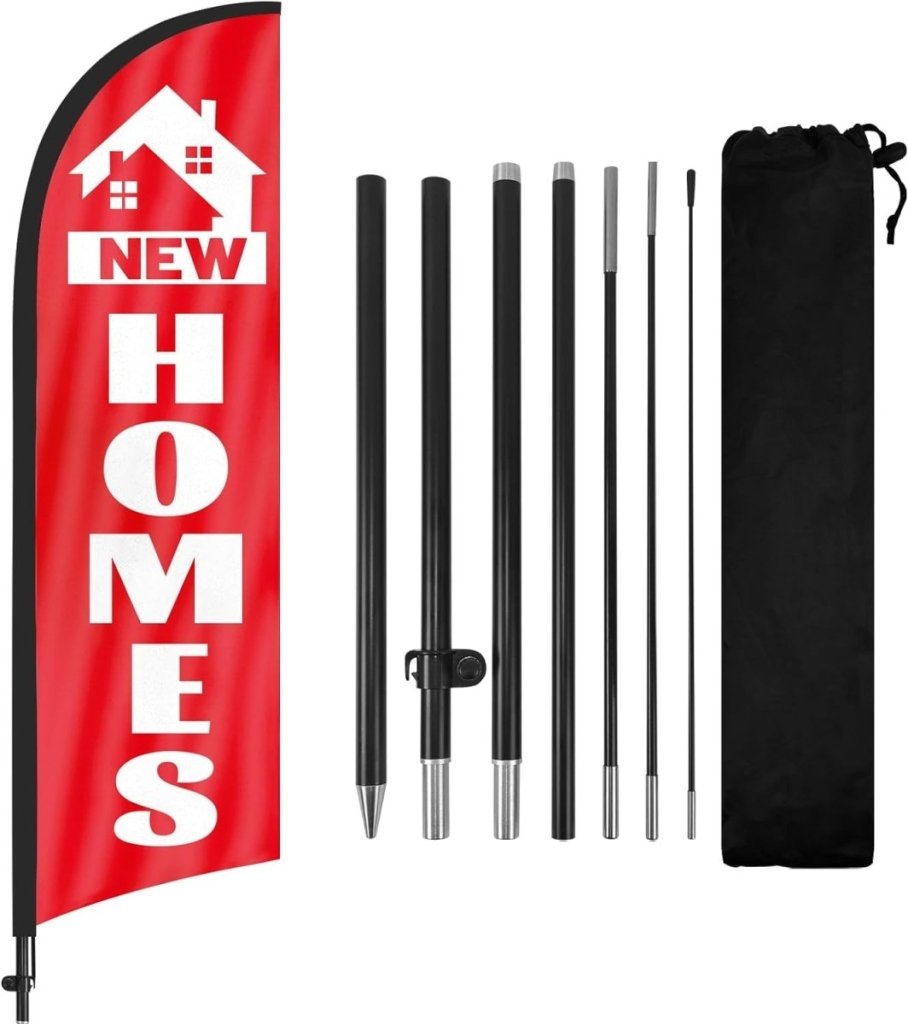 New Home Sign - 8FT Red New Homes Feather Flag With Flag Pole and Ground Stake - FSFlag