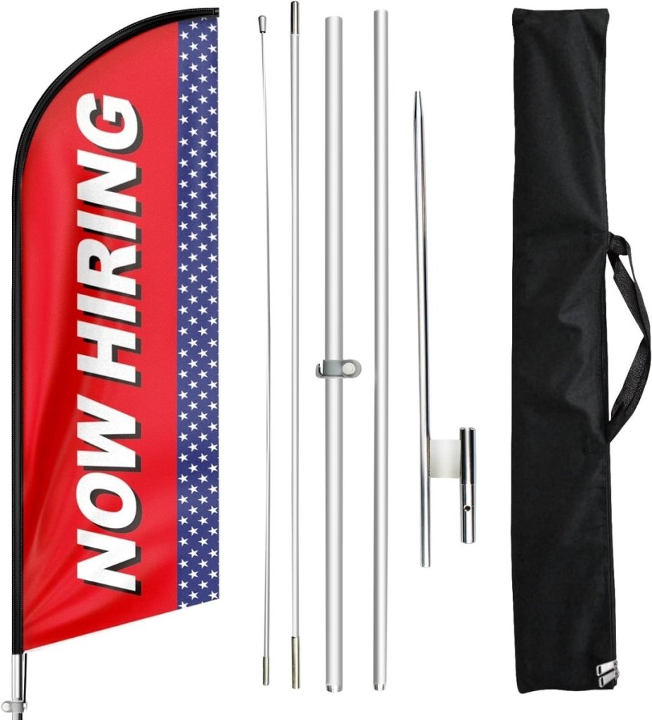 Now Hiring Flags - 11ft Red Now Hiring Feather Flag for Now Hiring Business - FSFlag