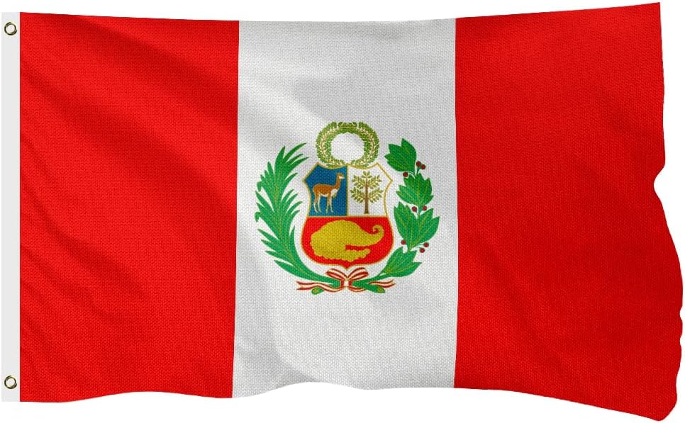 Peru Peruvian Flag for Outside, 400D Heavy Duty Polyester, Double - Sided Printing, Quadruple Stitched Fly Hem, Fade Resistant, 2 Brass Grommets