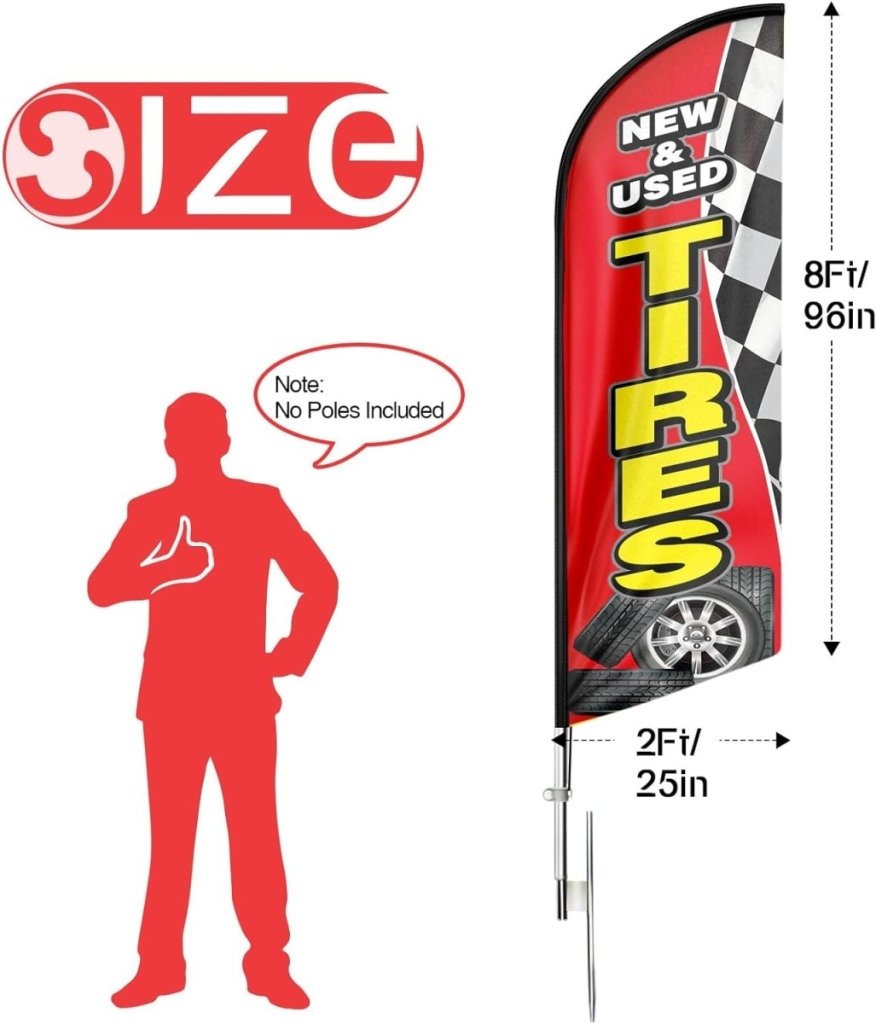 Tire Shop Signs - 8ft Red New & Used Tires Feather Flag for New & Used Tires Business(Flagpole Not Included) - FSFlag