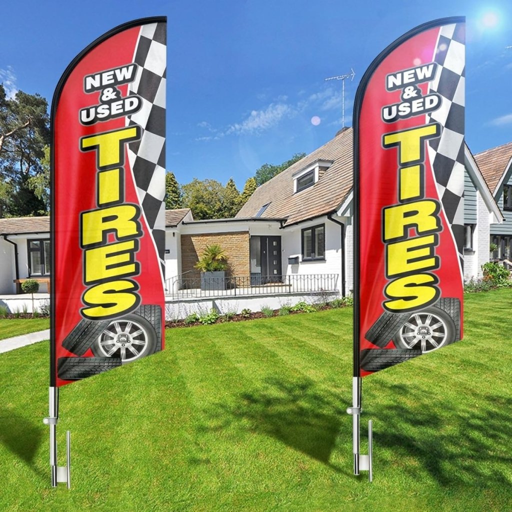 Tire Shop Signs - 8ft Red New & Used Tires Feather Flag for New & Used Tires Business(Flagpole Not Included) - FSFlag