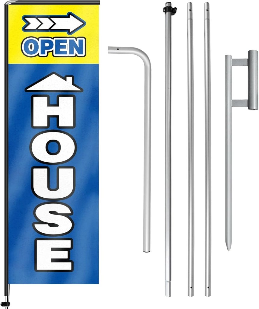 11FT Open House Rectangle Flag Banners with Pole and Ground Stake (Blue)
