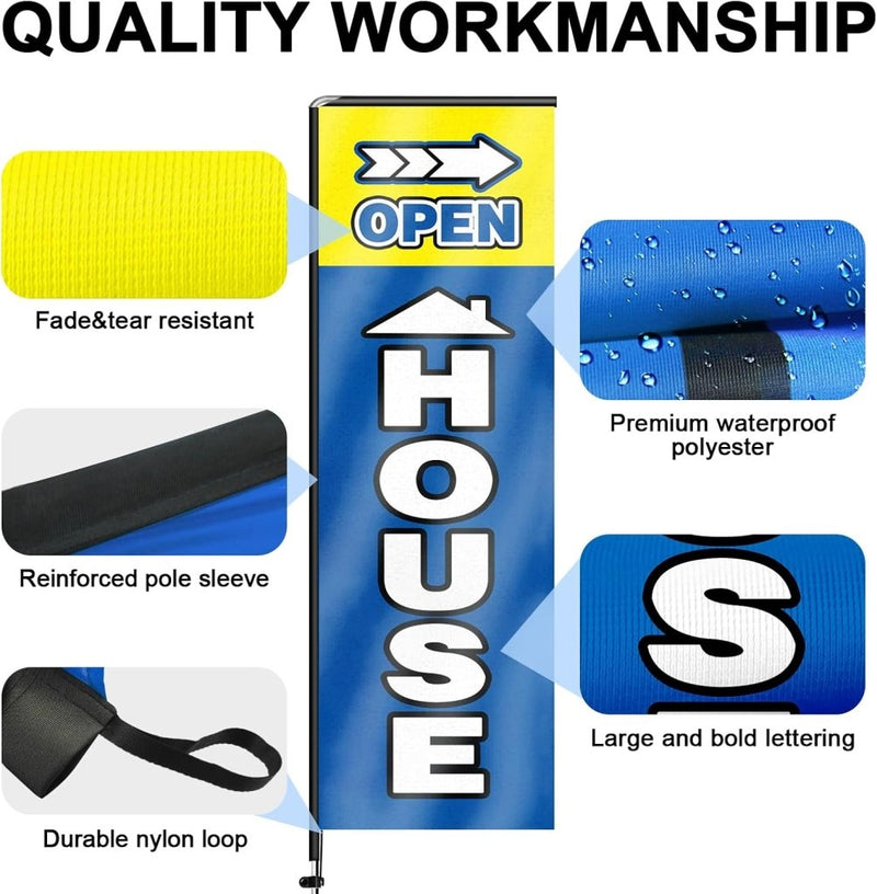 11FT Open House Rectangle Flag Banners with Pole and Ground Stake (Blue)