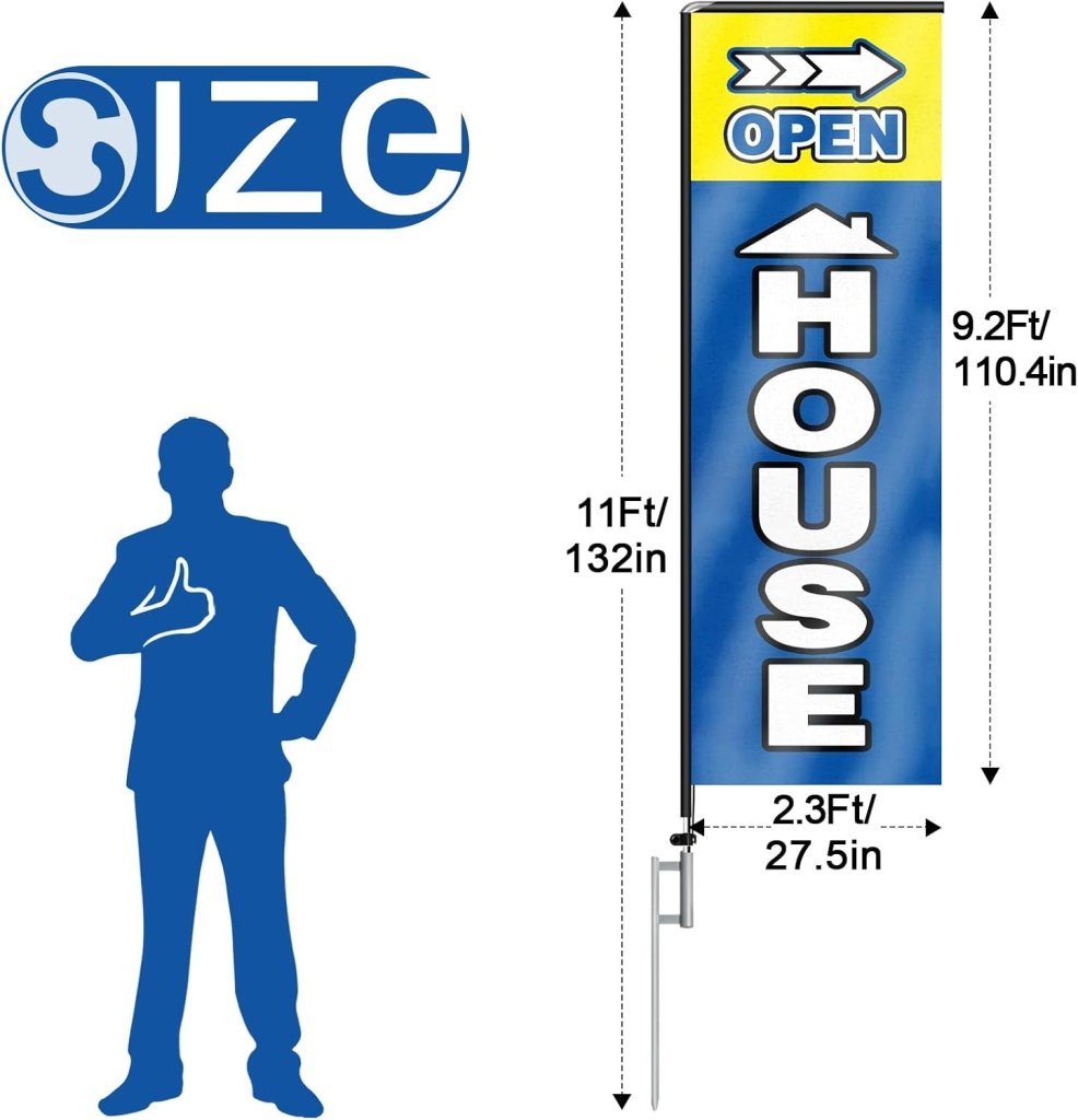 11FT Open House Rectangle Flag Banners with Pole and Ground Stake (Blue)