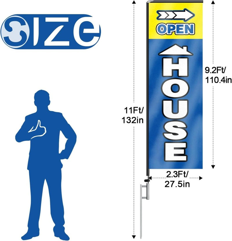 11FT Open House Rectangle Flag Banners with Pole and Ground Stake (Blue)