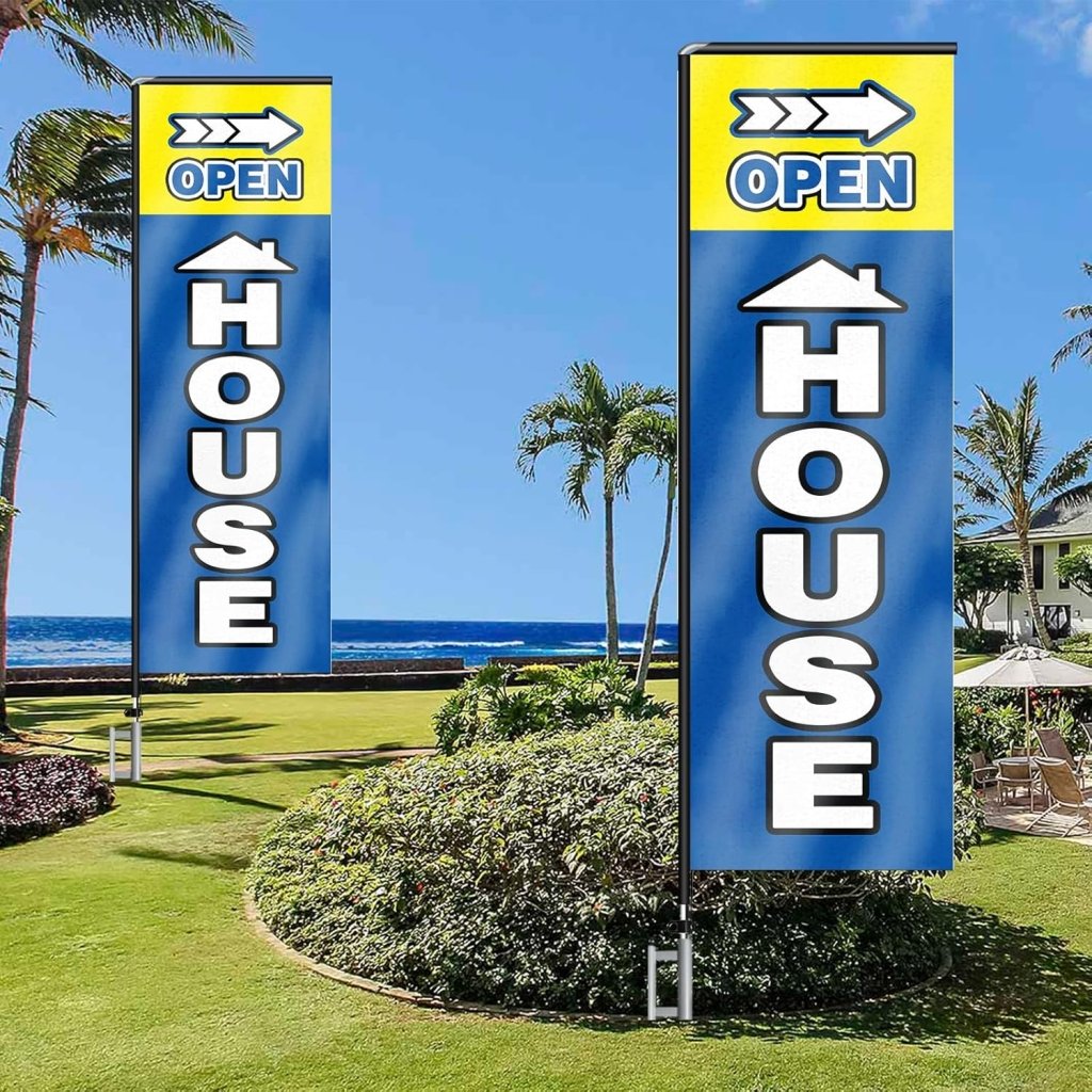 11FT Open House Rectangle Flag Banners with Pole and Ground Stake (Blue)