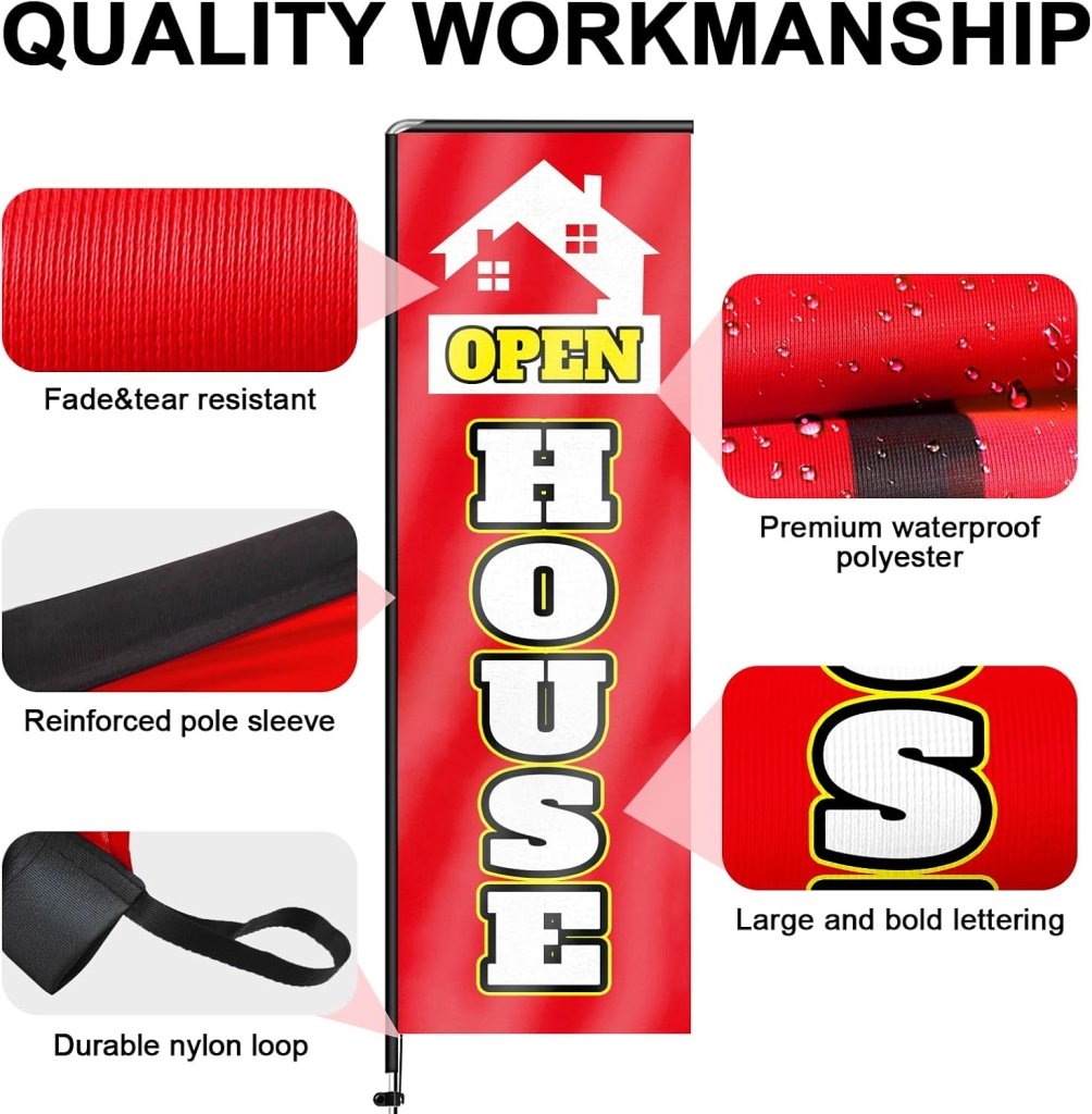 11FT Open House Rectangle Flag Banners with Pole and Ground Stake (Red)
