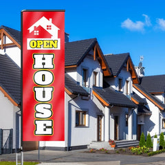 11FT Open House Rectangle Flag Banners with Pole and Ground Stake (Red)