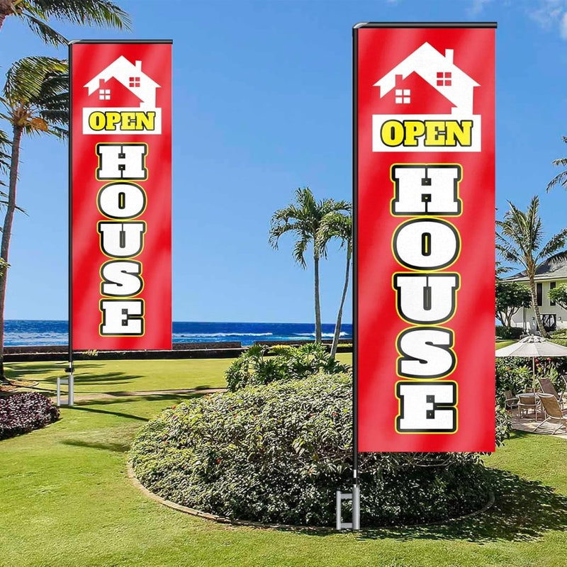 11FT Open House Rectangle Flag Banners with Pole and Ground Stake (Red)