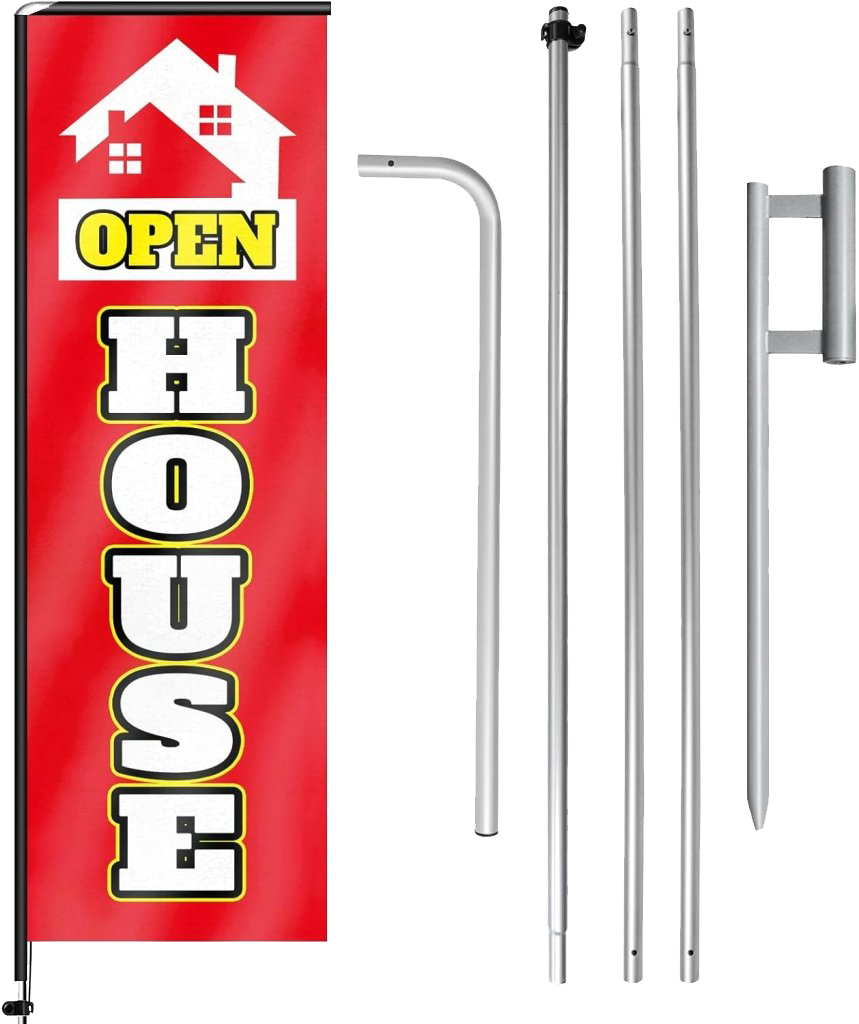11FT Open House Rectangle Flag Banners with Pole and Ground Stake (Red)