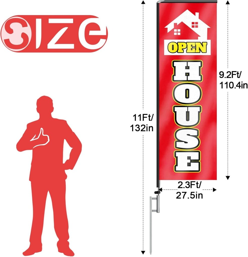 11FT Open House Rectangle Flag Banners with Pole and Ground Stake (Red)
