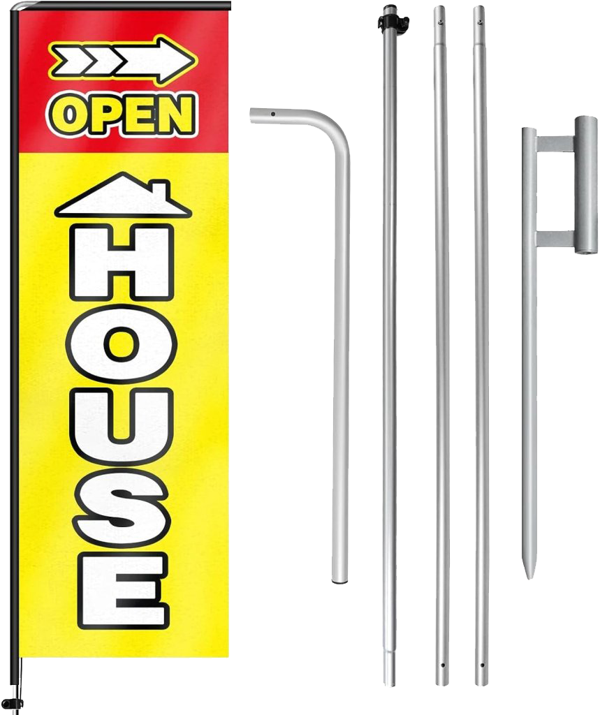 11FT Open House Rectangle Flag Banners with Pole and Ground Stake (Yellow)