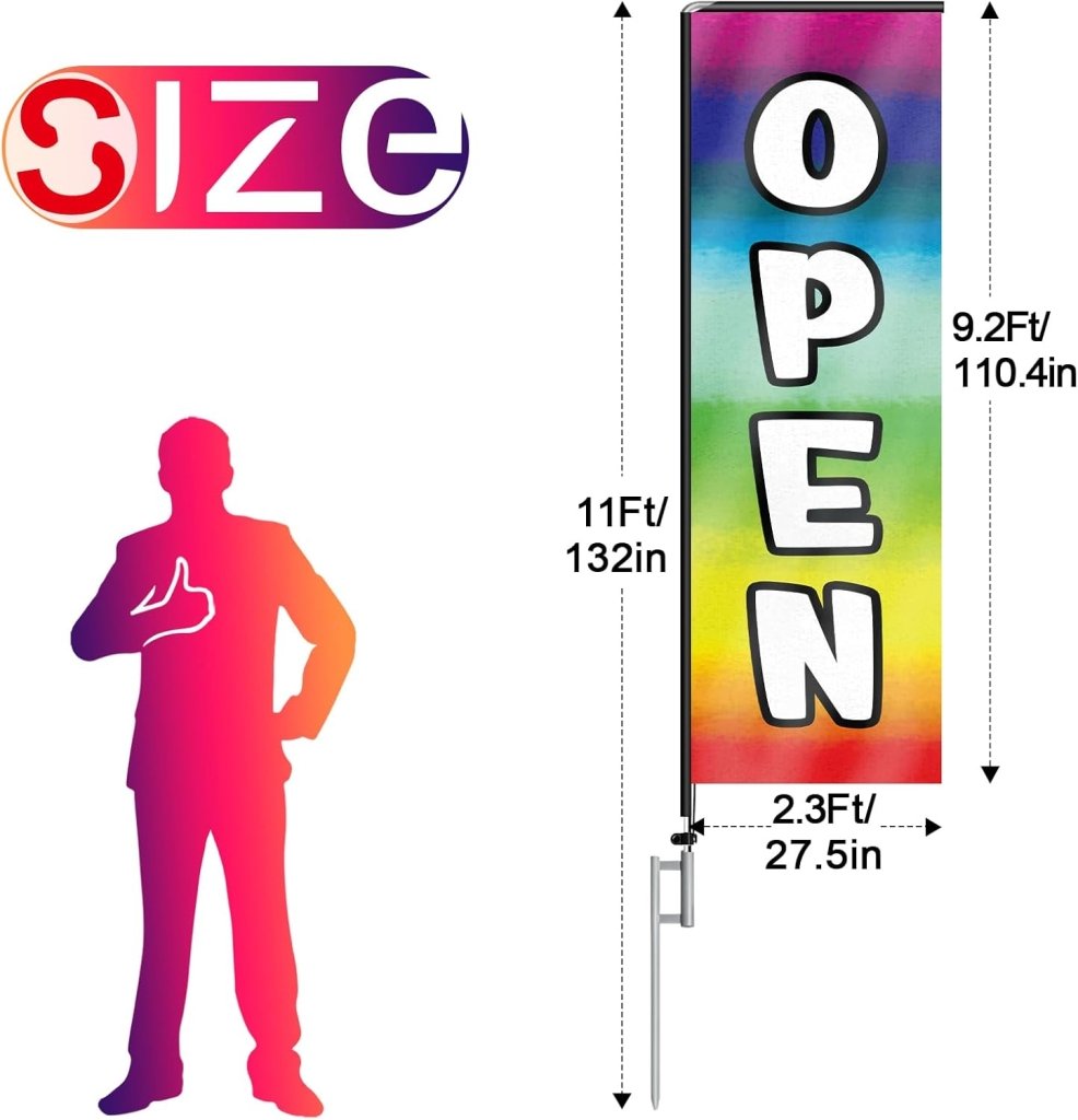 11FT Open Rectangle Flag Banners with Pole and Ground Stake (Multicolor)