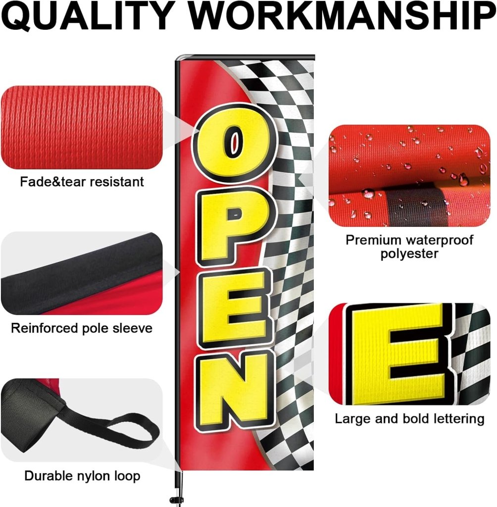 11FT Open Rectangle Flag Banners with Pole and Ground Stake (Red/Black)