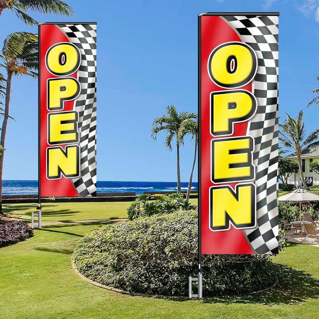 11FT Open Rectangle Flag Banners with Pole and Ground Stake (Red/Black)