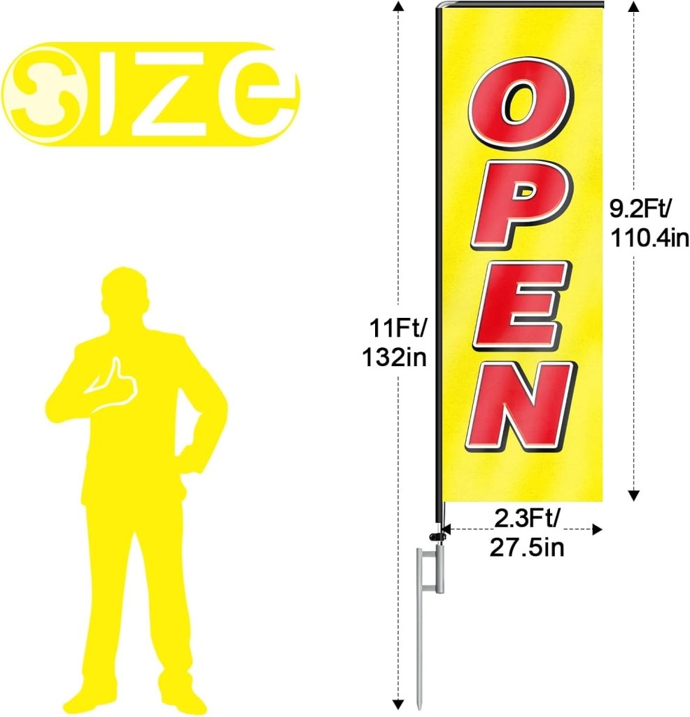 11FT Open Rectangle Flag Banners with Pole and Ground Stake (Yellow)