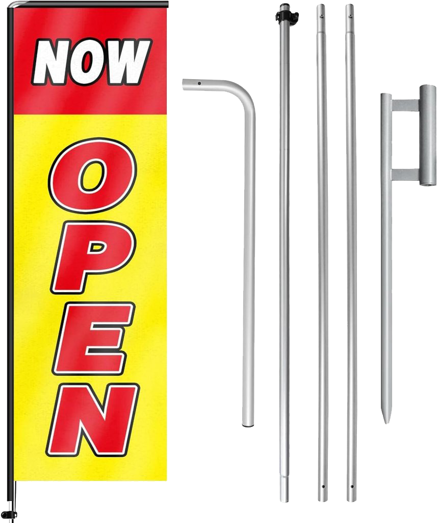 11FT Open Sign Rectangle Flag Banners with Pole and Ground Stake (Red/Yellow)