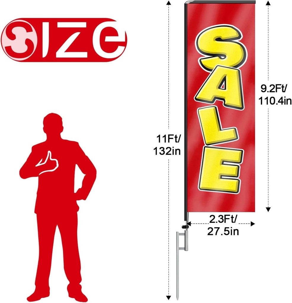 11FT Sale Rectangle Flag Banners with Pole and Ground Stake (Red)