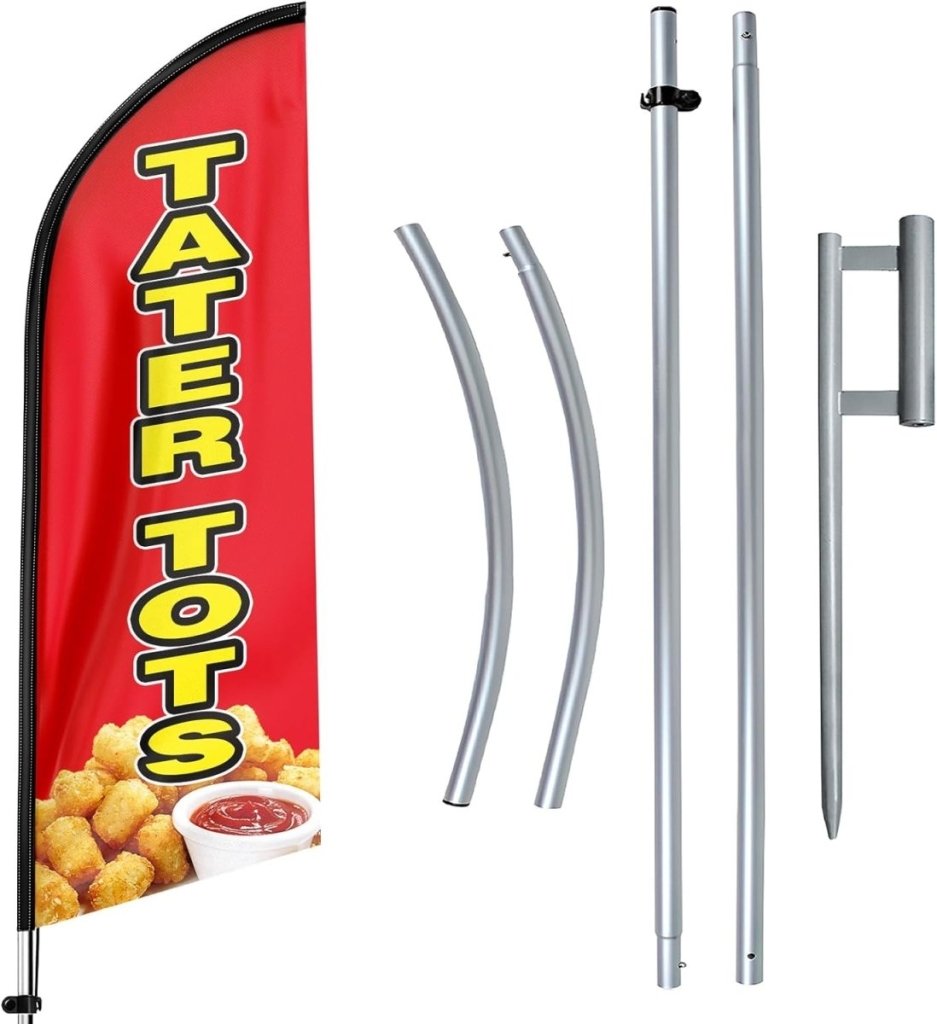 11ft Tater Tots Feather Flag Kit with Snack Sign - Advertising Banner, Pole, and Stake - FSFlag