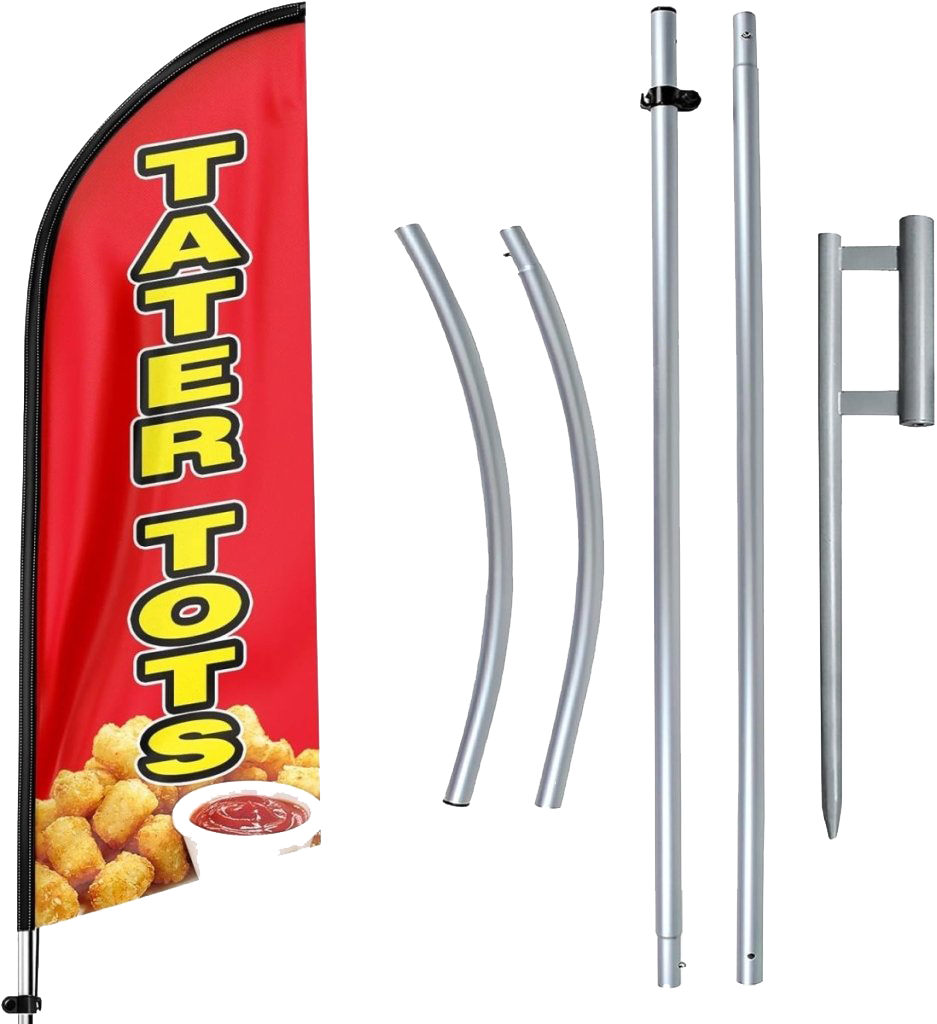 11ft Tater Tots Feather Flag Kit with Snack Sign-Advertising Banner, Pole, and Stake