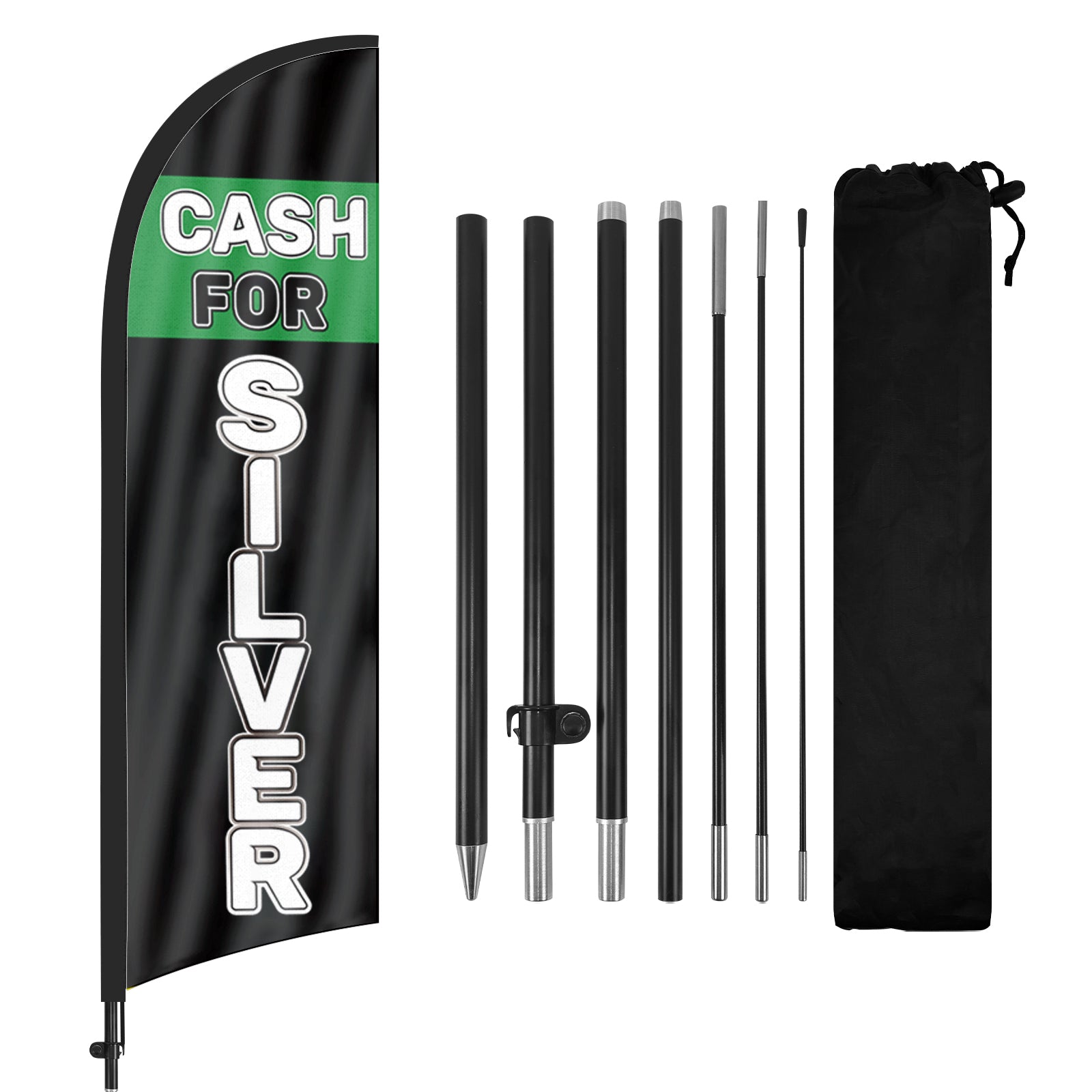 8Ft Cash Silver Feather Flag with Flag Pole and Ground Stake