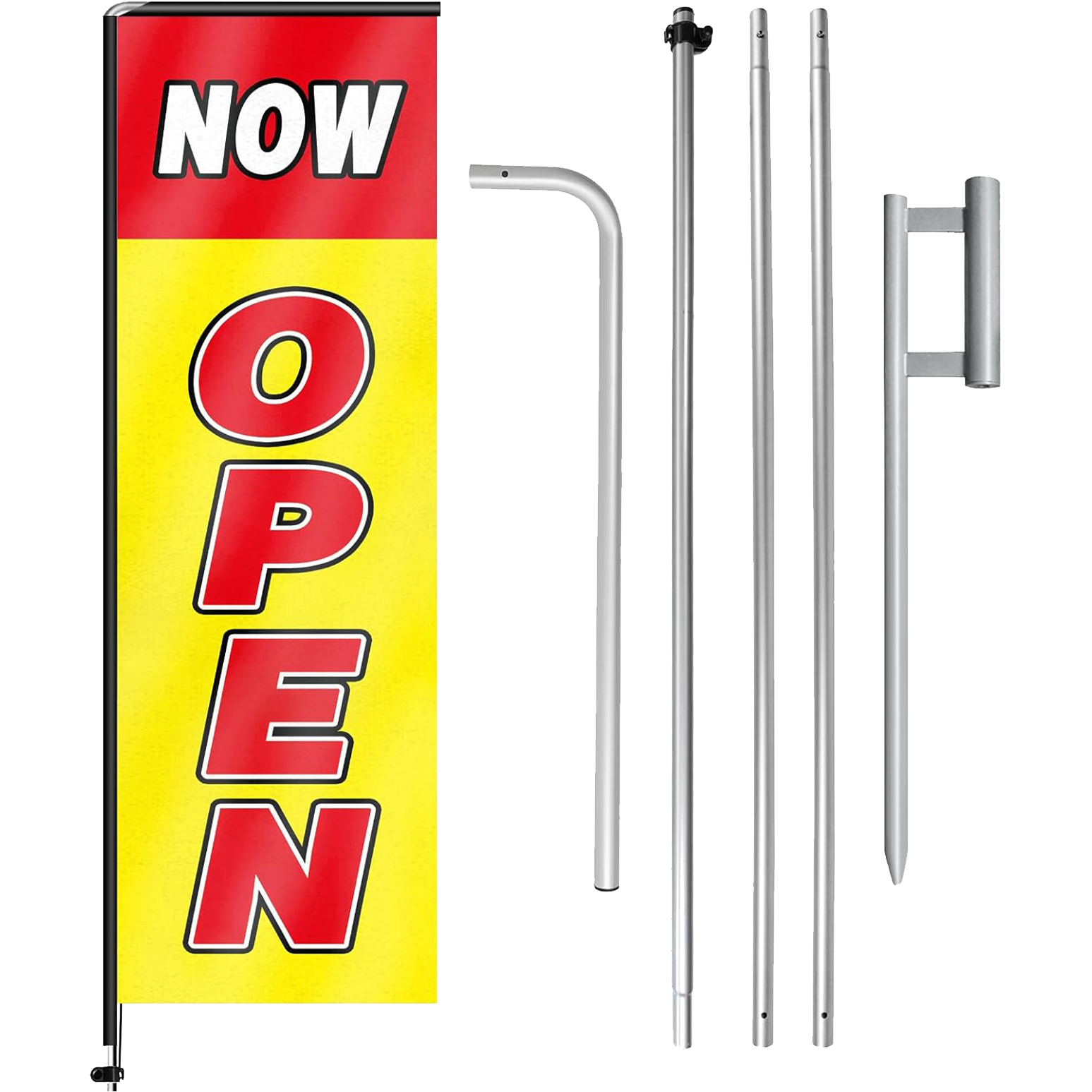 11FT Open Sign Rectangle Flag Banners with Pole and Ground Stake (Red/Yellow)