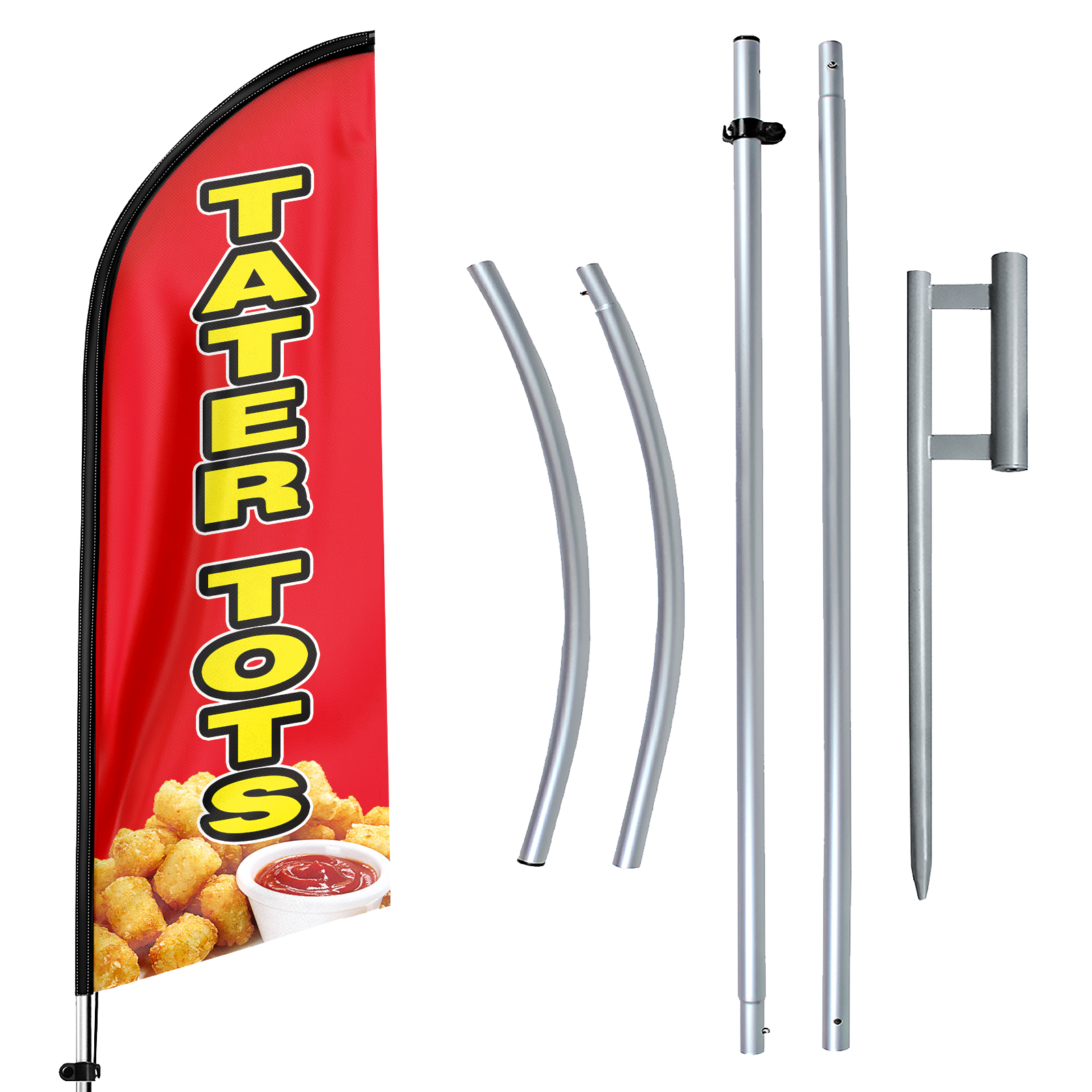 11ft Tater Tots Feather Flag Kit with Snack Sign-Advertising Banner, Pole, and Stake
