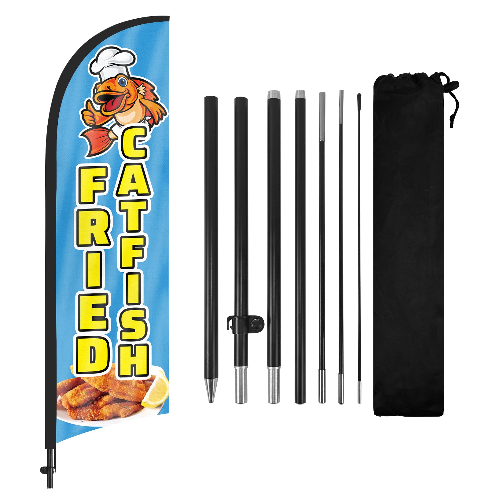 Fried Catfish Flag Kit-8ft Fried Catfish Feather Flag with Pole and Stake