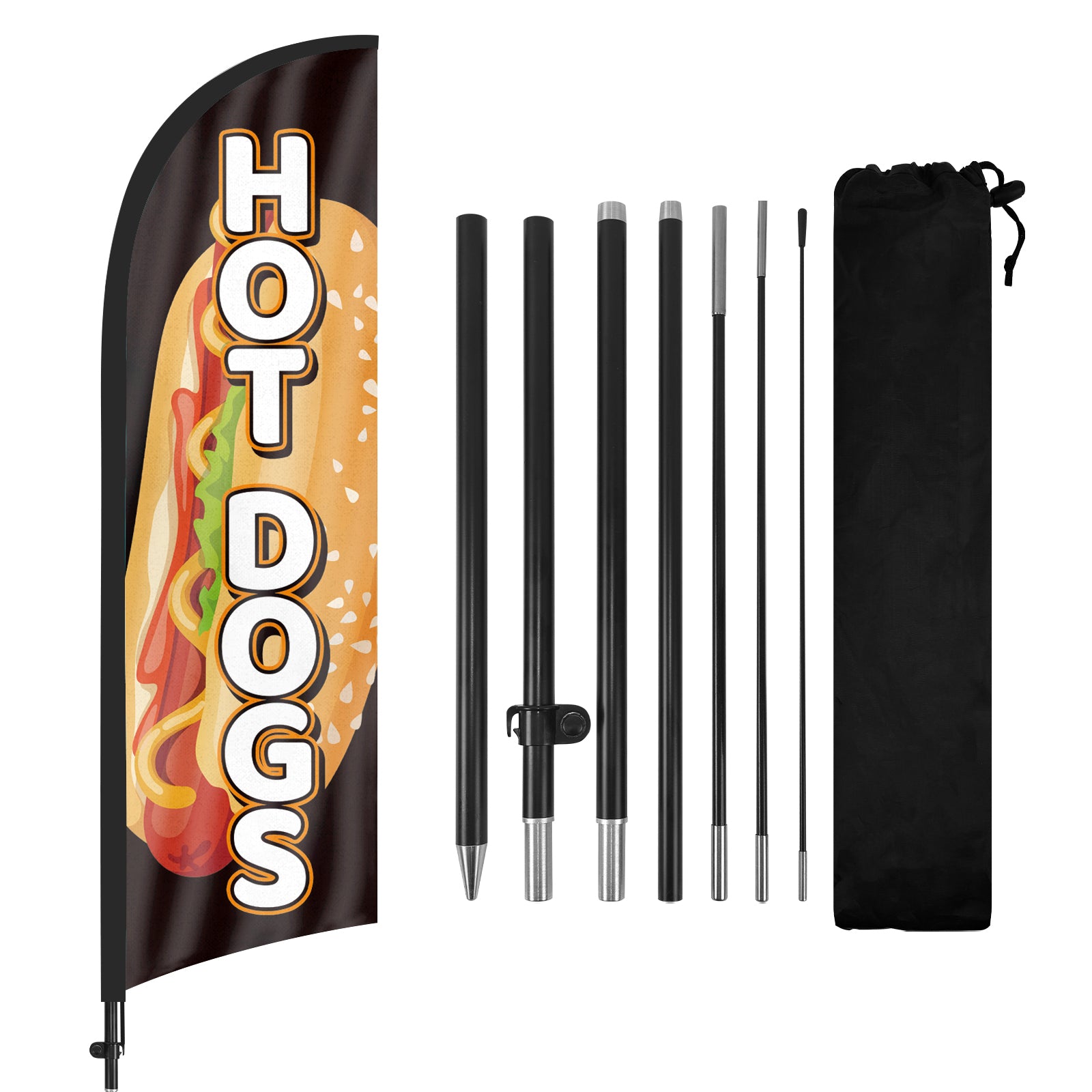8ft Hot Dogs Black Feather Flag with Pole and Stake