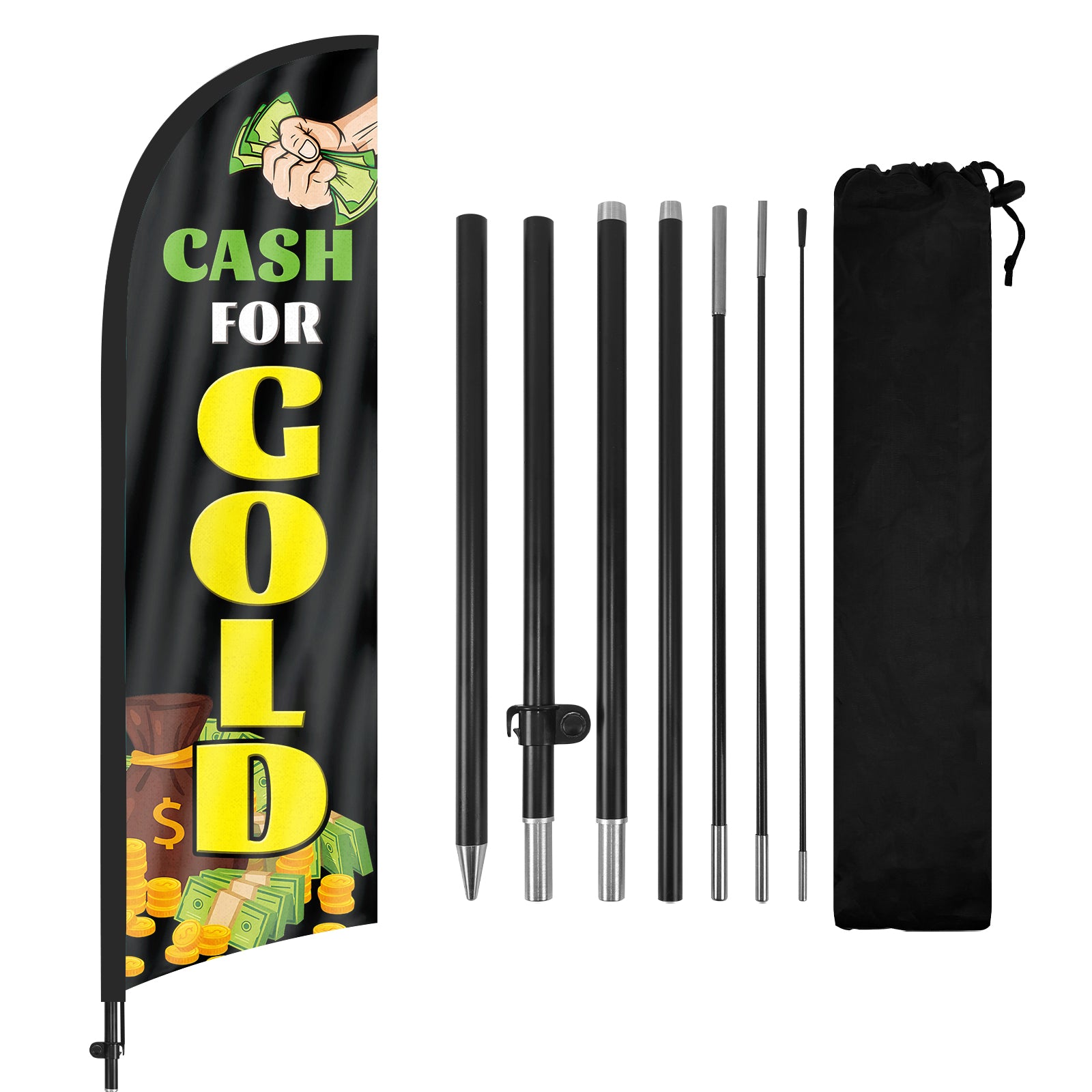 8FT Cash Gold Black Feather Flag Pole Kit