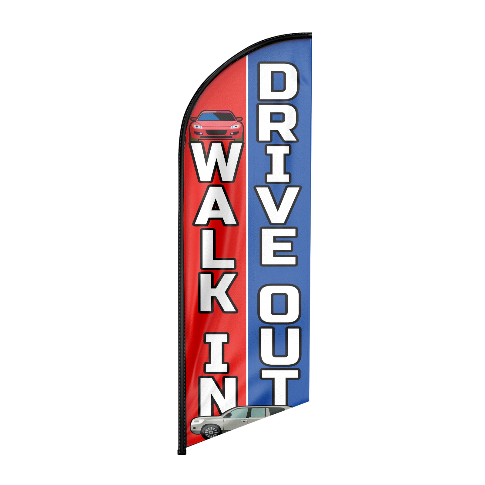 Walk In Drive Out Feather Flag: Advertising Banner for Walk In Drive Out Business (8ft Flagpole Not Included)