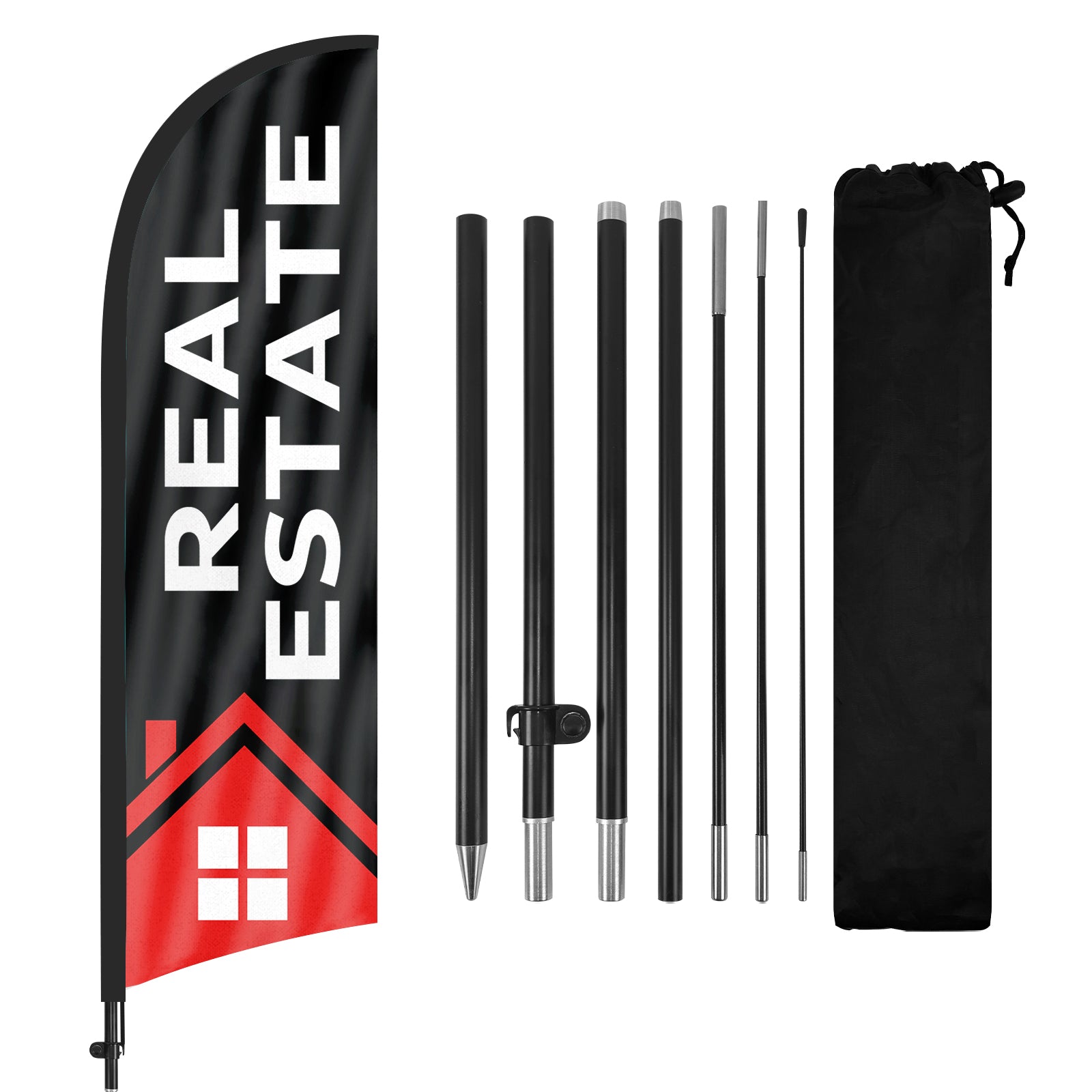 8Ft Real Estate Black Flag with Pole Kit and Ground stake