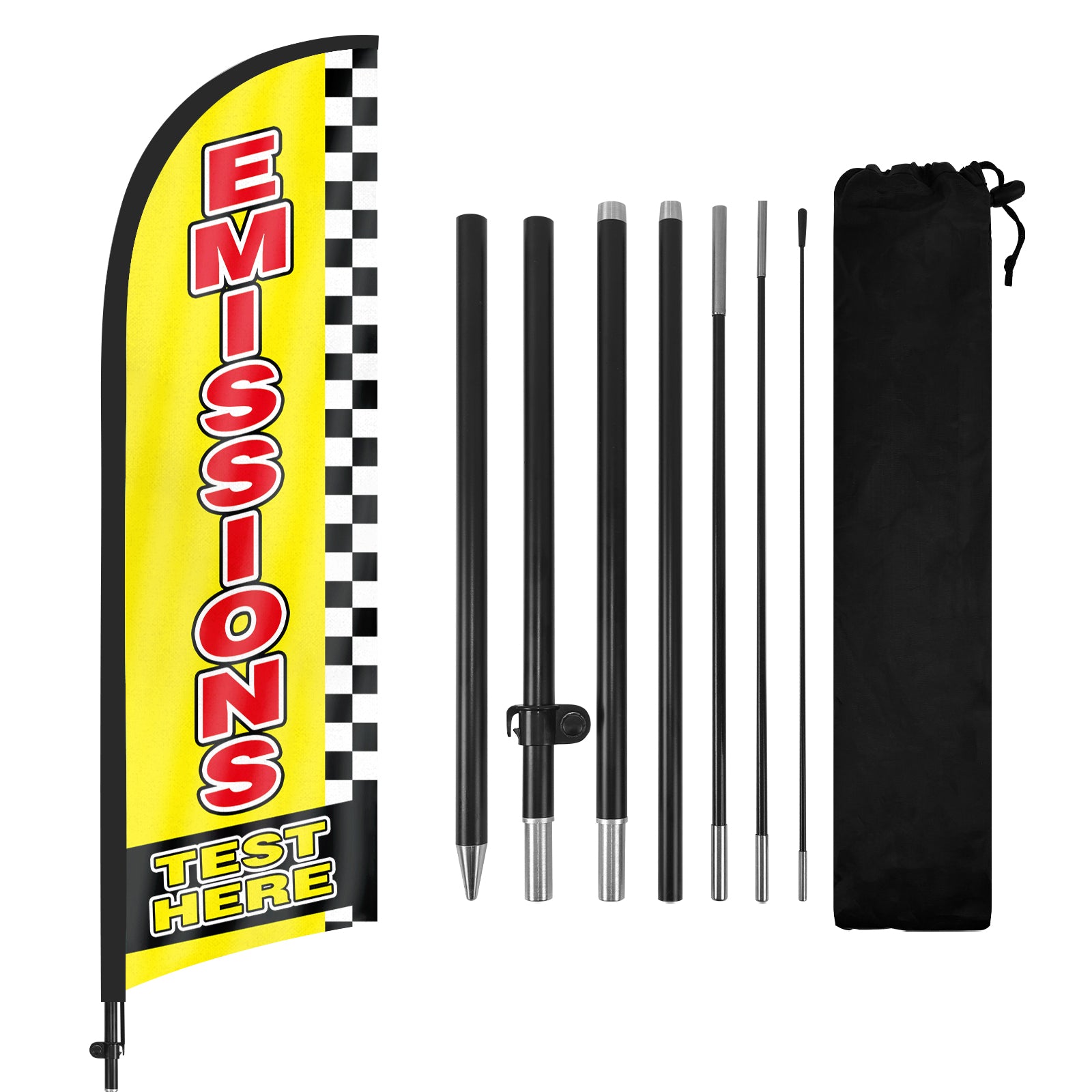 8ft Emissions Test Here Yellow Feather Flag with Pole and Stake
