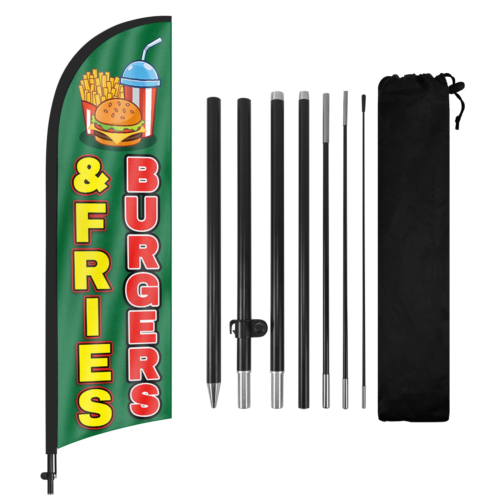 8ft Burgers and Fries Feather Flag Kit-Advertising Banner with Pole and Stake