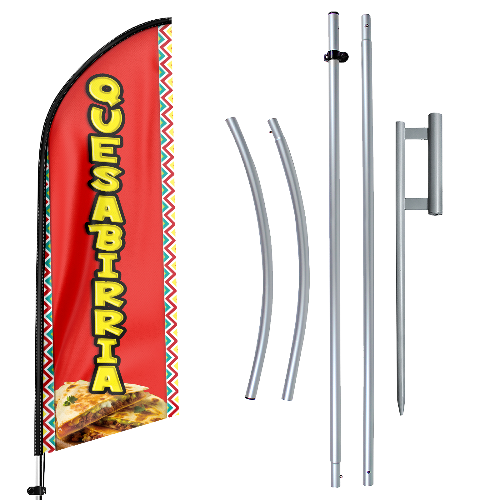 11ft Quesabirria Feather Flag Kit-Advertising Banner with Pole, Stake, and Food Sign