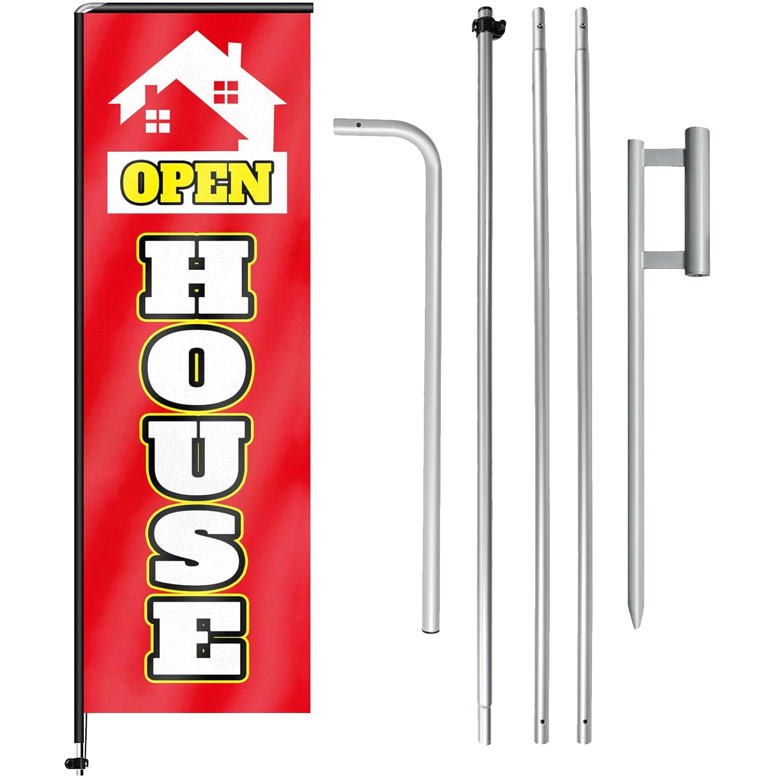 11FT Open House Rectangle Flag Banners with Pole and Ground Stake (Red)