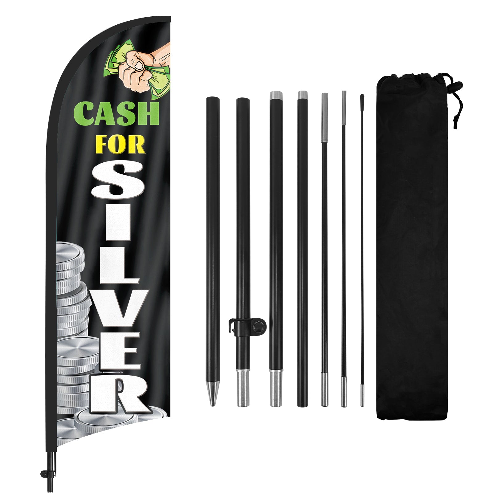 8Ft Cash For Silver Feather Flag with Flag Pole and Ground Stake