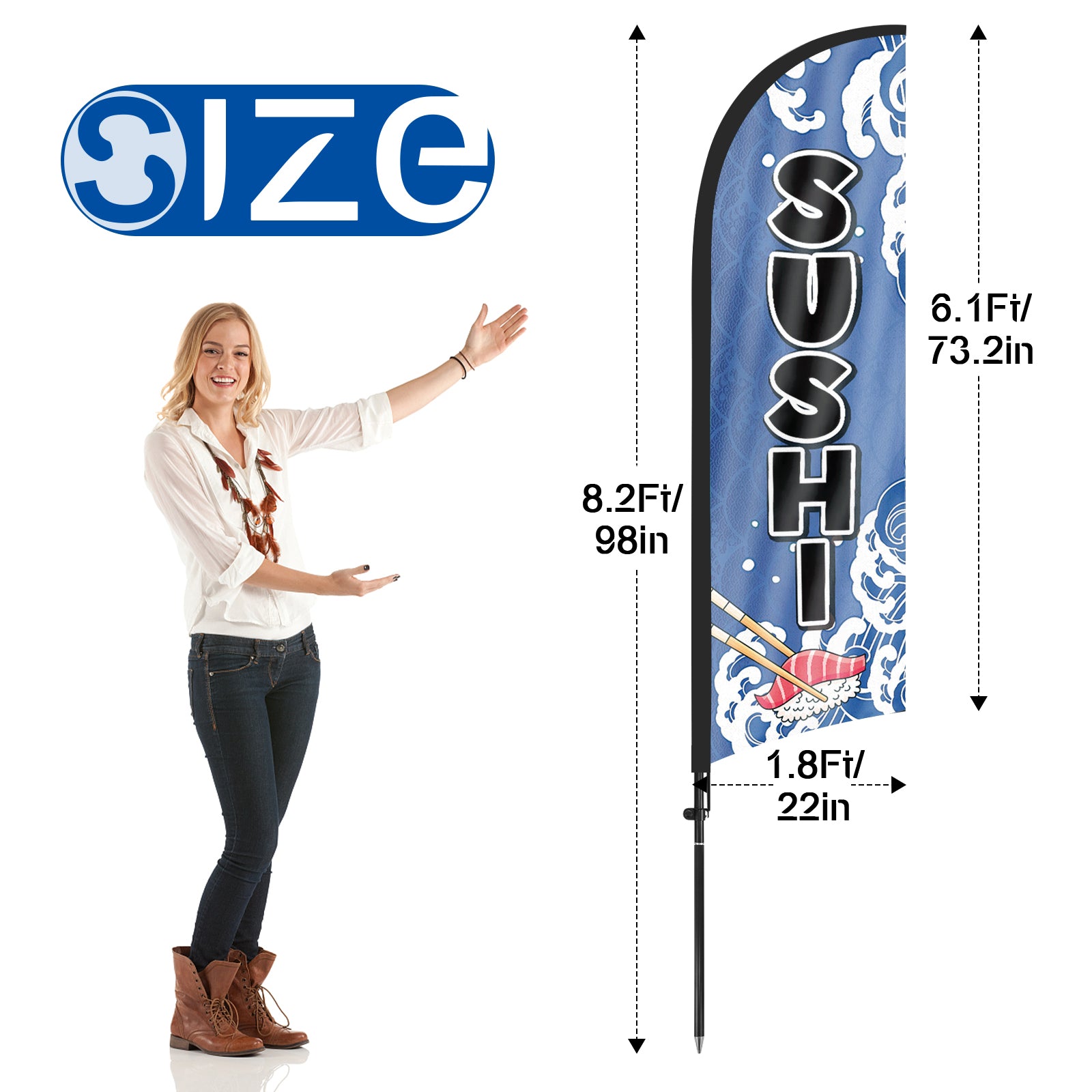 8Ft Sushi Blue Feather Flags with Pole and Ground Stake