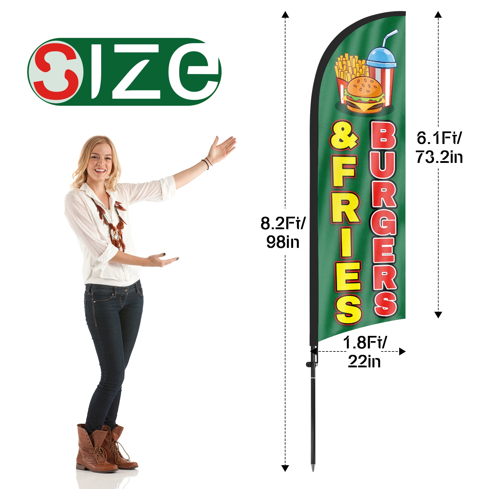 8ft Burgers and Fries Feather Flag Kit-Advertising Banner with Pole and Stake