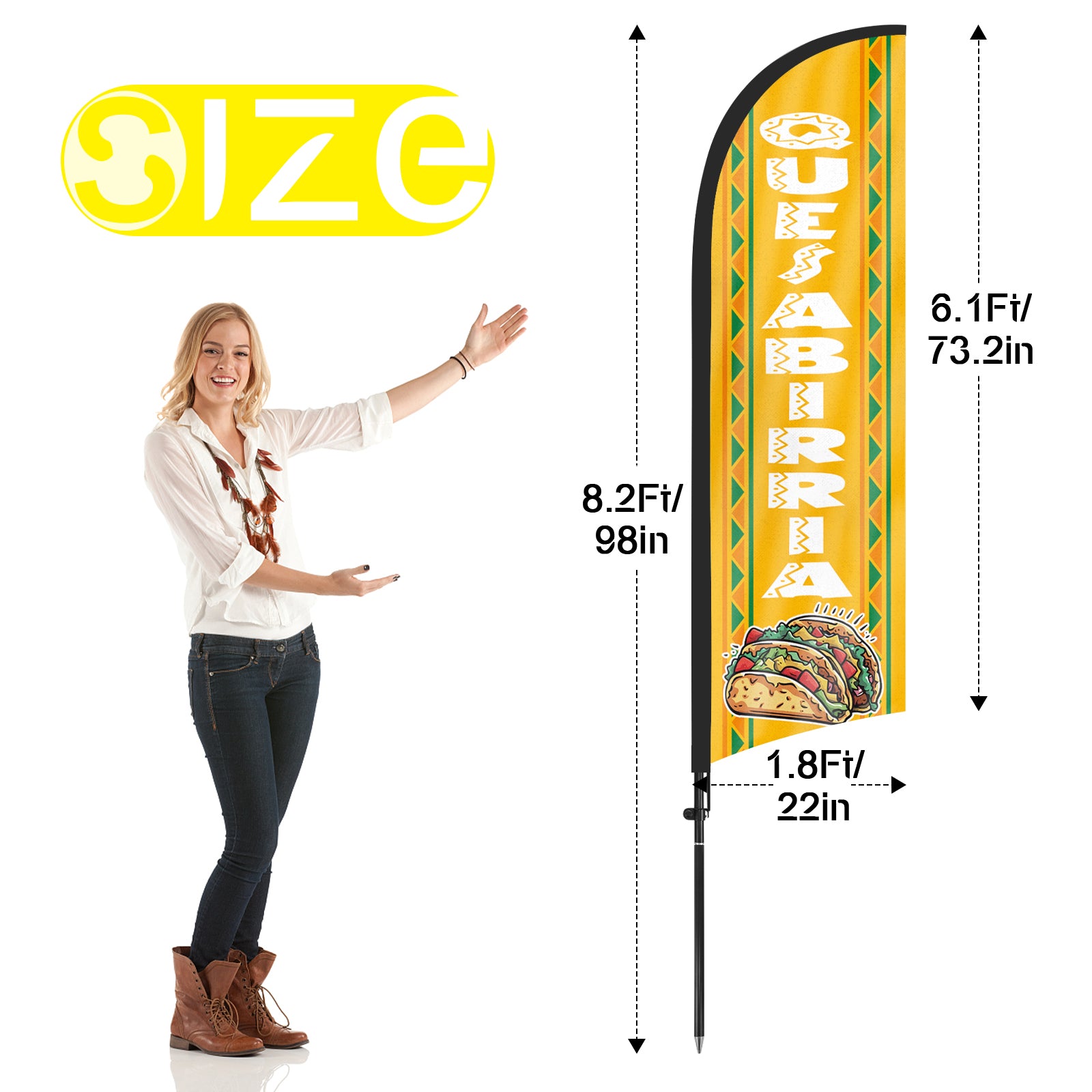8ft Quesabirria Yellow Feather Flag Kit with Pole and Stake