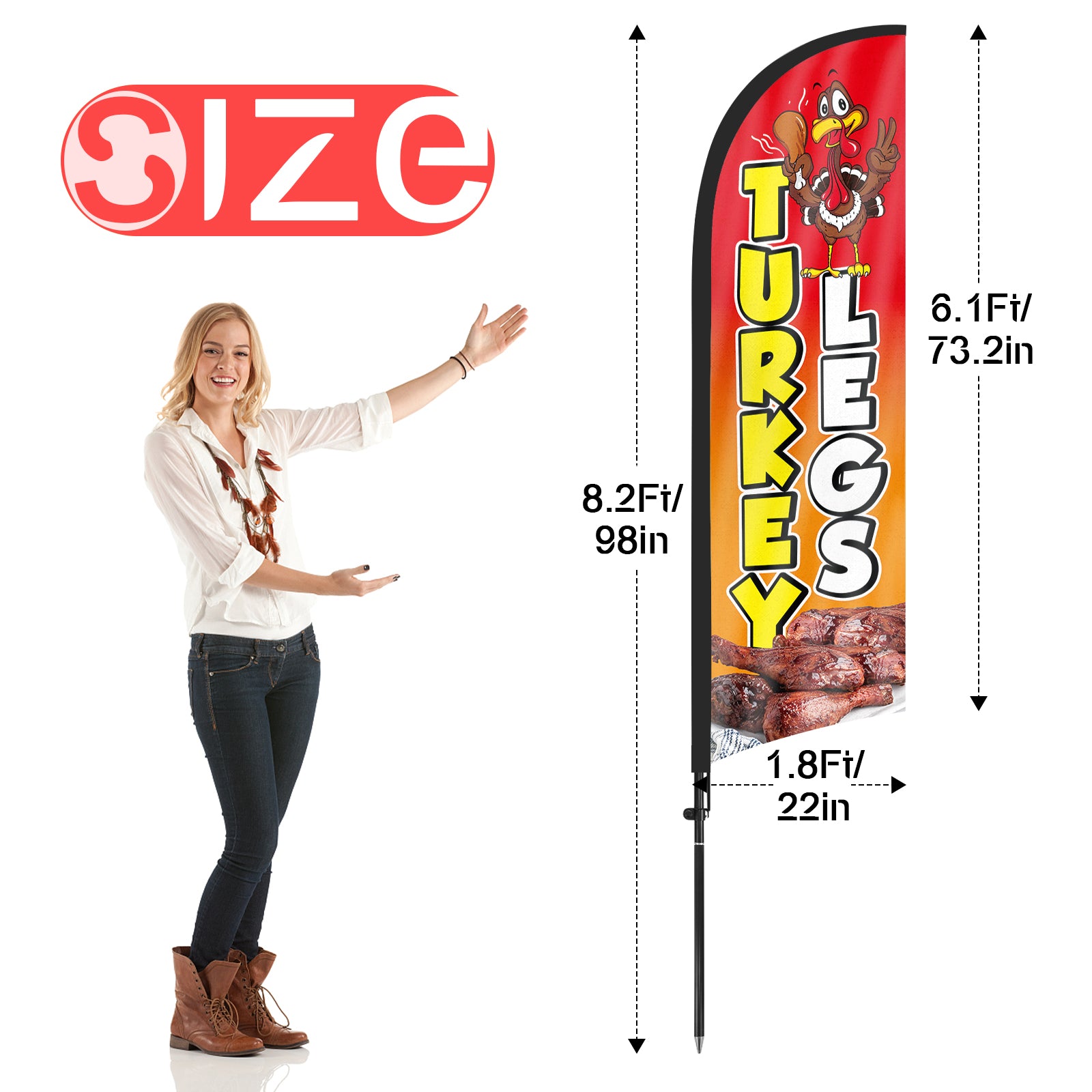 8Ft Turkey Legs Red Feather Flag with Pole & Stake