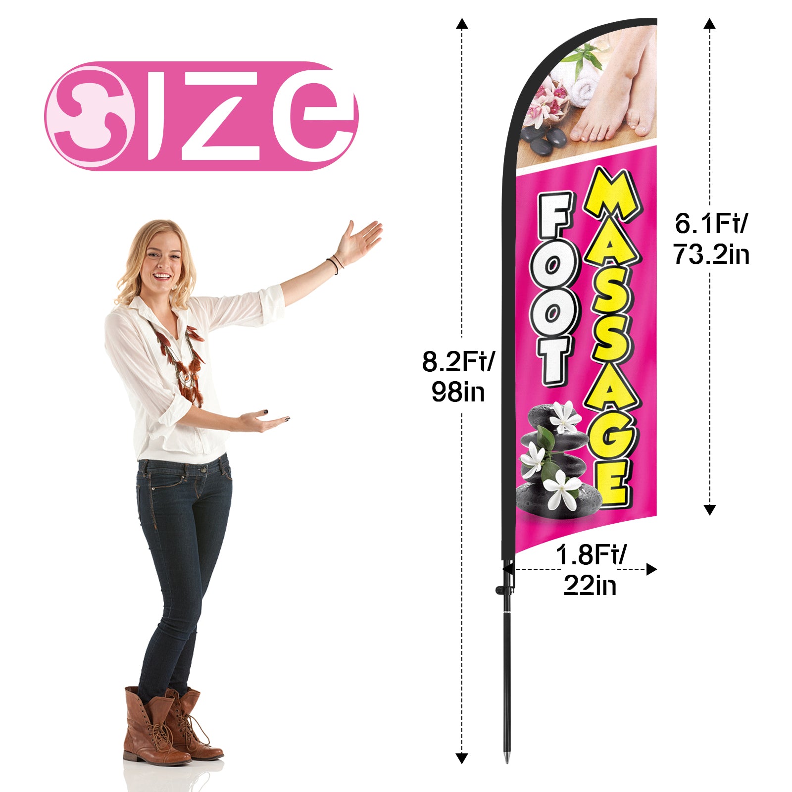8Ft Foot Massage Pink Feather Flag with Pole & Stake