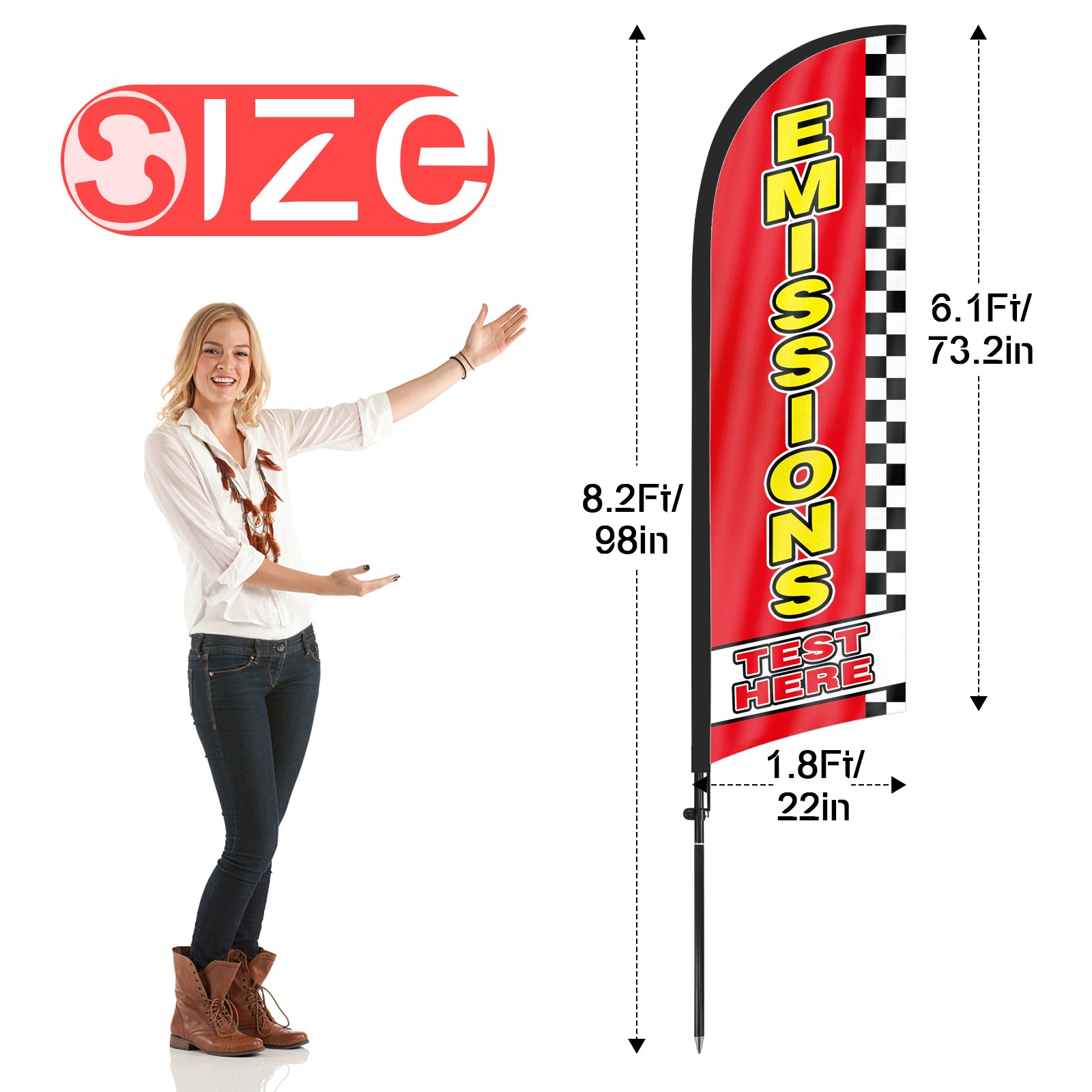 8ft Emissions Test Here Red Feather Flag with Pole and Stake