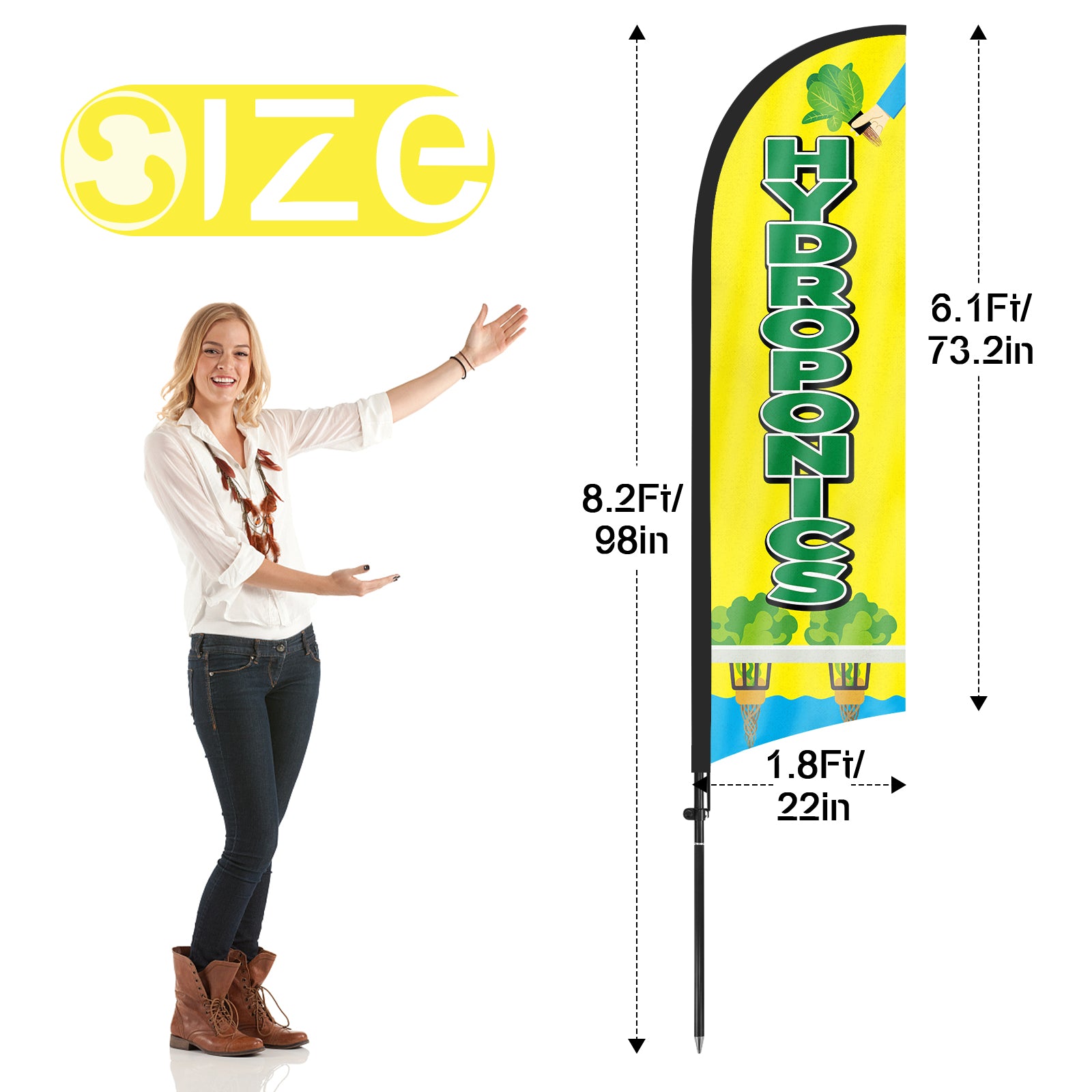 8Ft Hydroponics Yellow Feather Flag with Pole & Stake