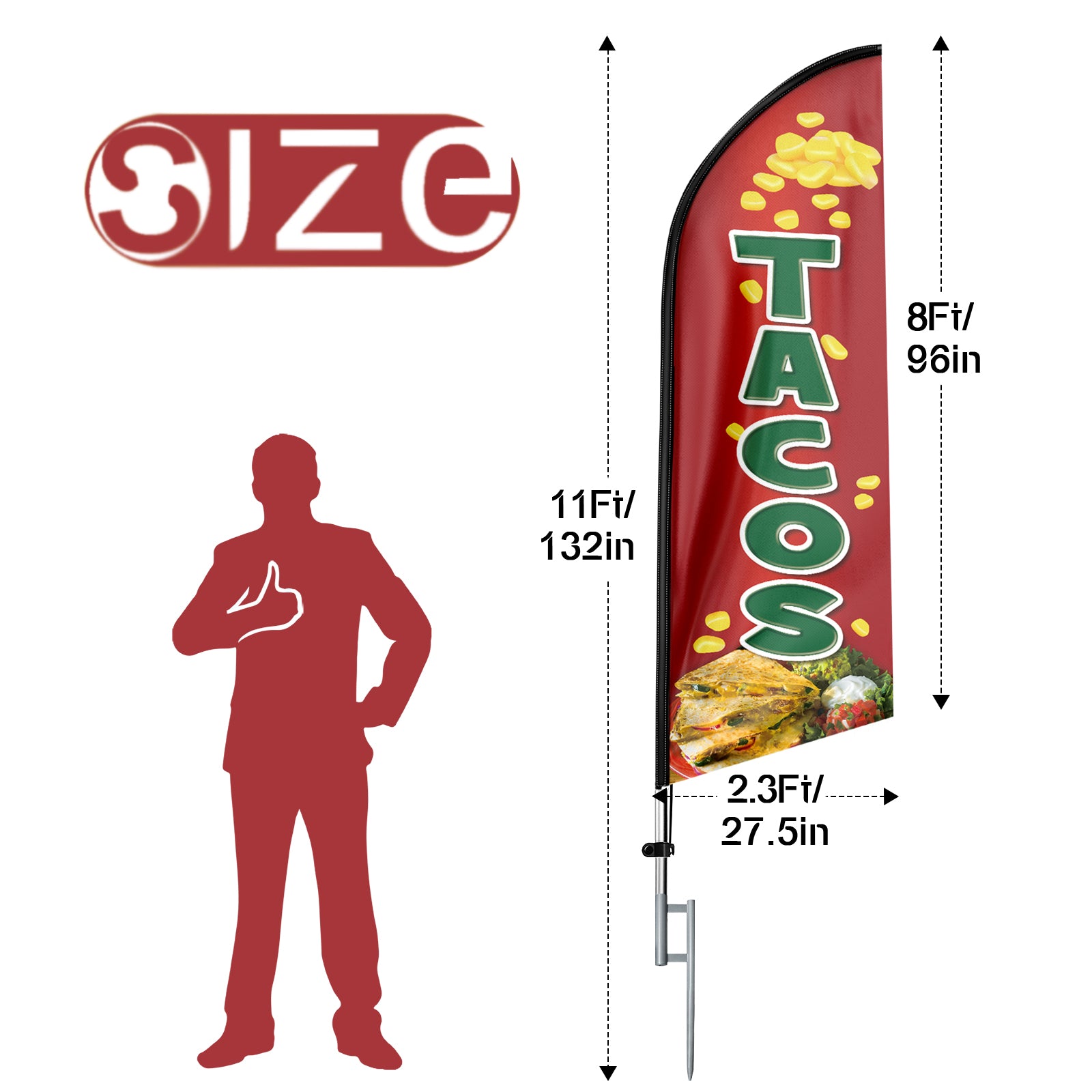 11ft Tacos Feather Flag Kit-Advertising Banner with Pole and Stake - Food Sign