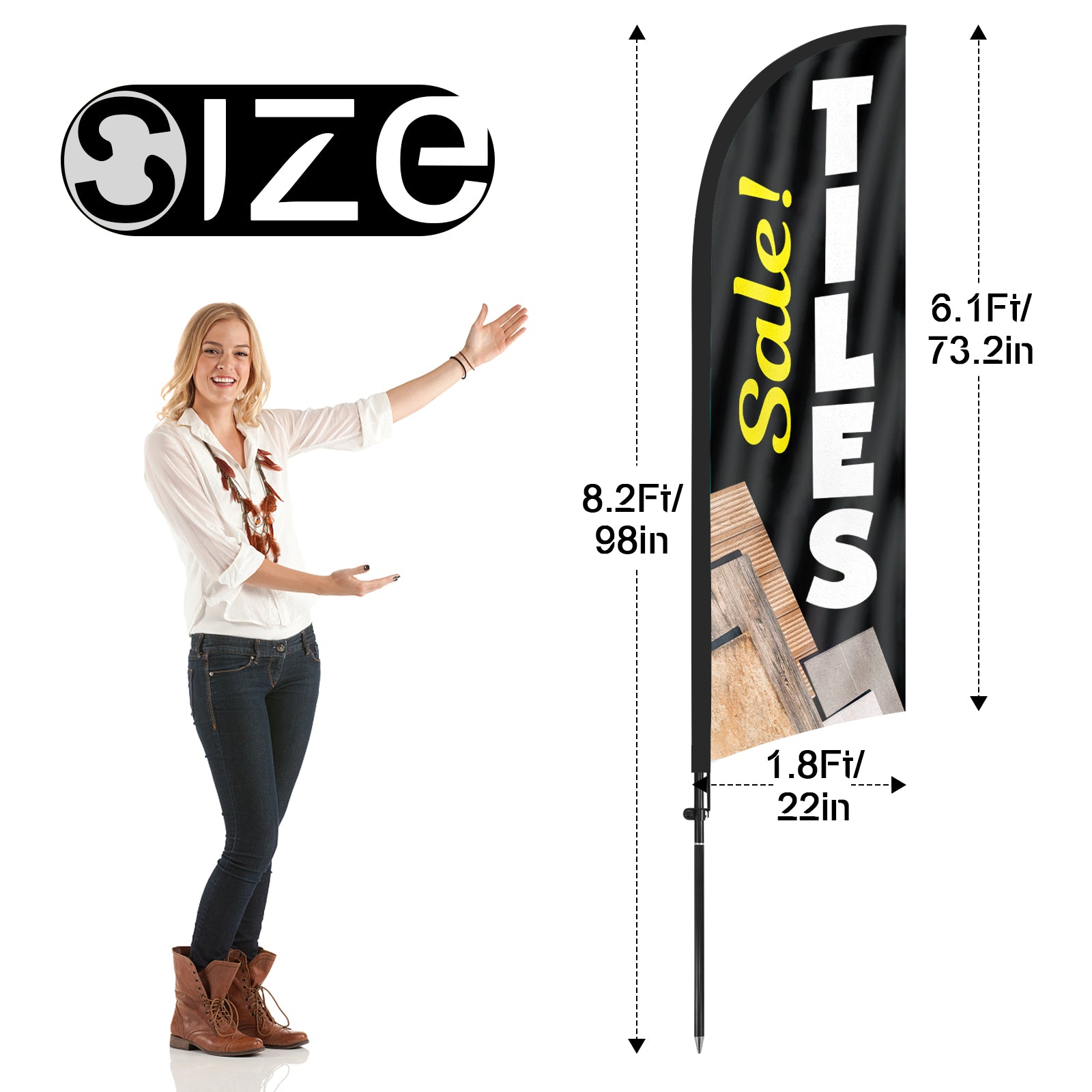 8ft Tiles Black Feather Flag with Pole and Stake